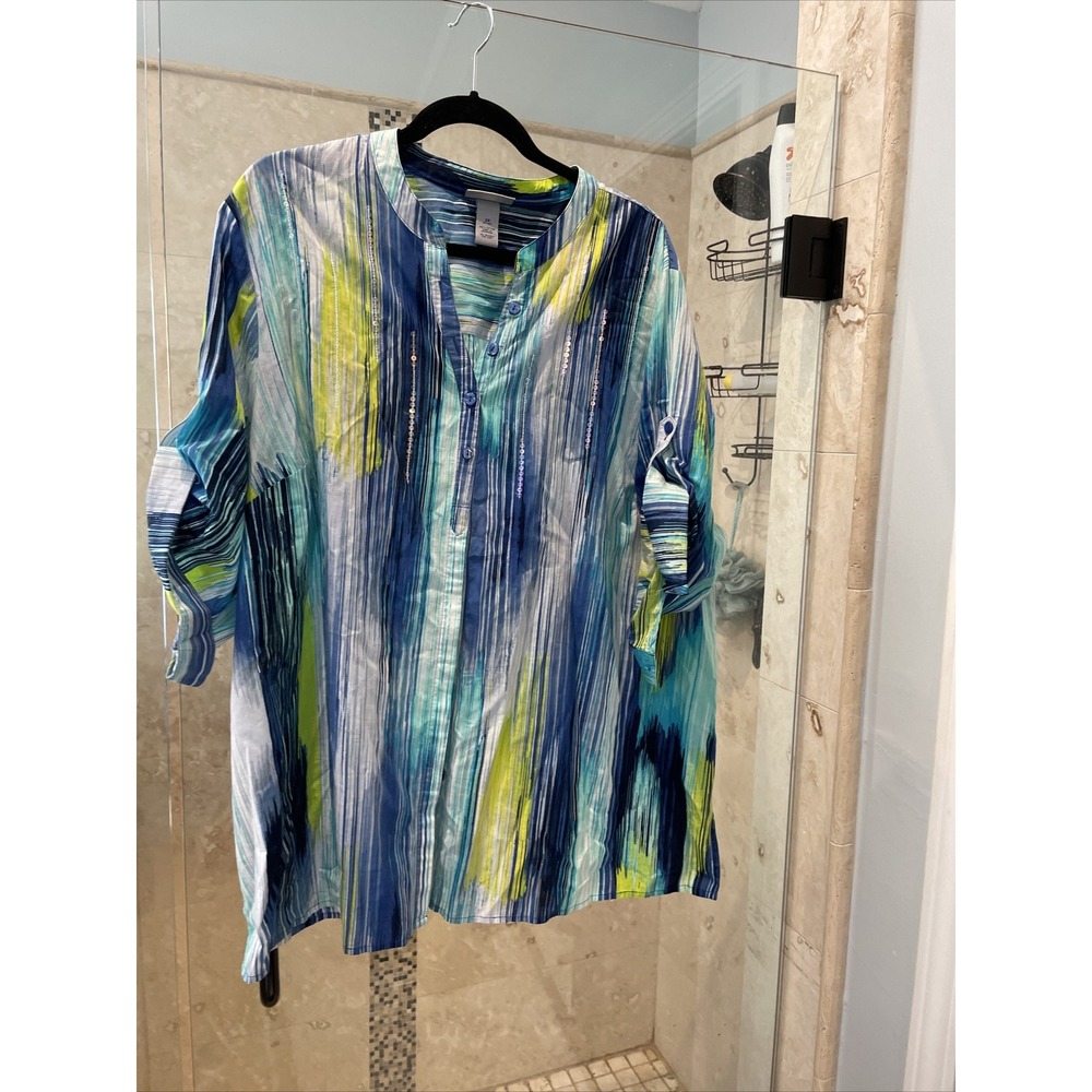 Catherines Blue Batik Button Up  Tunic Top 2X 22 24W Boho Sequin Accent